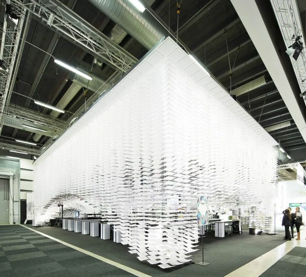 Wingårdh designed the dome shape by hanging the paper from a flat roof panel, and an “altar” displays discussion panels running throughout the week (Photo: Tord-Rikard Söderström)