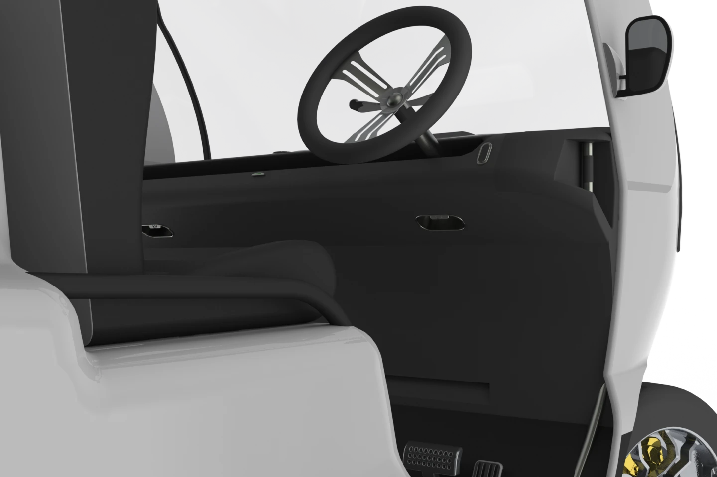 The driver can reposition the steering wheel on either the left or right of the Bug-E by sliding it along a track in the dashboard