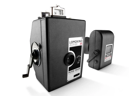The LomoKino Super 35 Movie Maker lets low-tech film-makers shoot their own 35mm movies, by hand-cranking film through the device (the LomoKinoScope viewer is to the right)