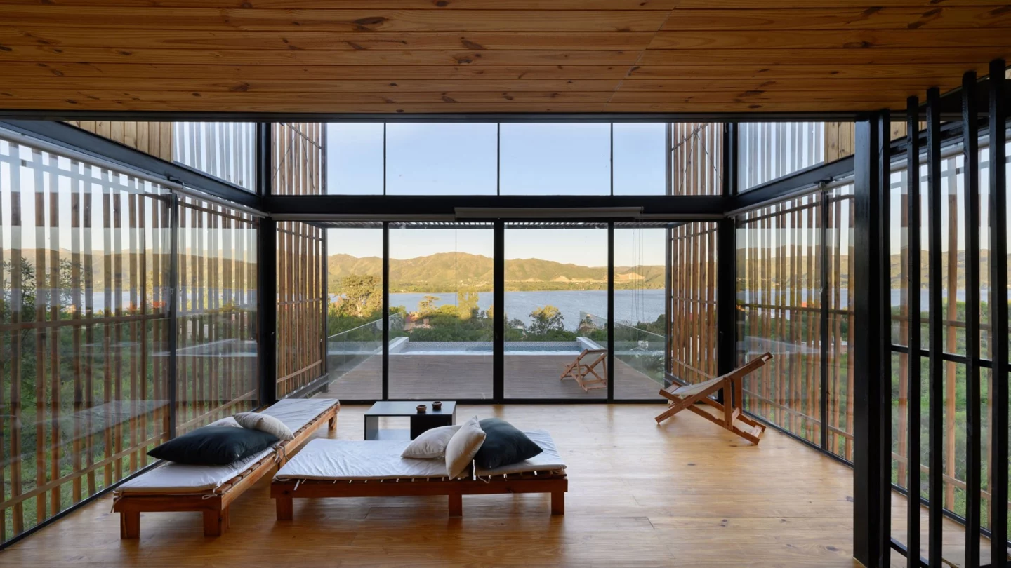 The home features a large open space interior with cathedral ceilings