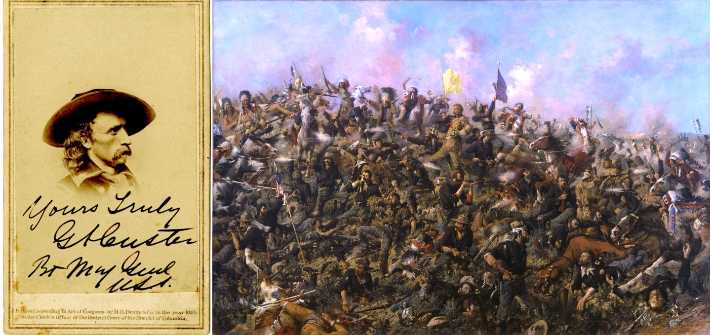 One of history's most famous figures, this signed and authenticated CDV is dated 1865 and inscribed and signed "Yours Truly GA Custer Bt Maj Genl USA." The background image is Edgar Samuel Paxson’s "Battle of Little Bighorn", depicting Custer’s last stand.