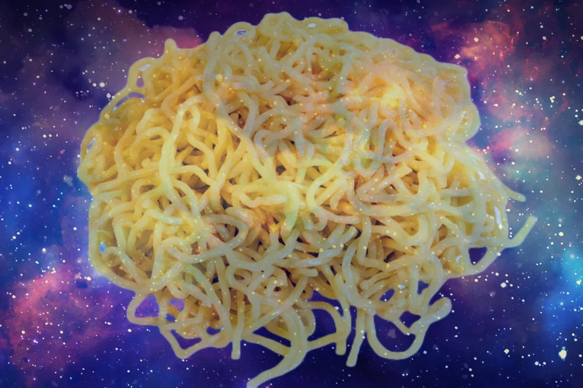Collage of noodles overlaid space background
