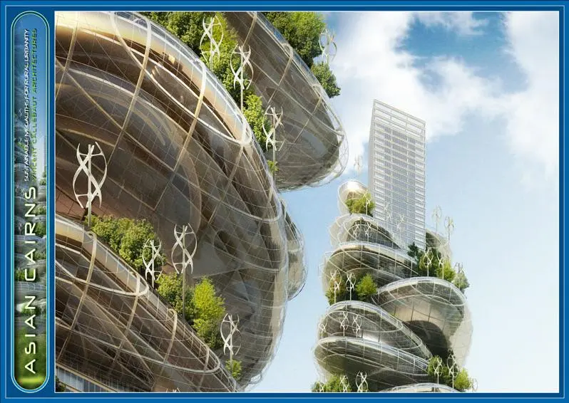Each "farmscraper," as the group calls them, would consist of a central tower with a series of pebble-like sections spiraling upwards around it and growing smaller toward the top