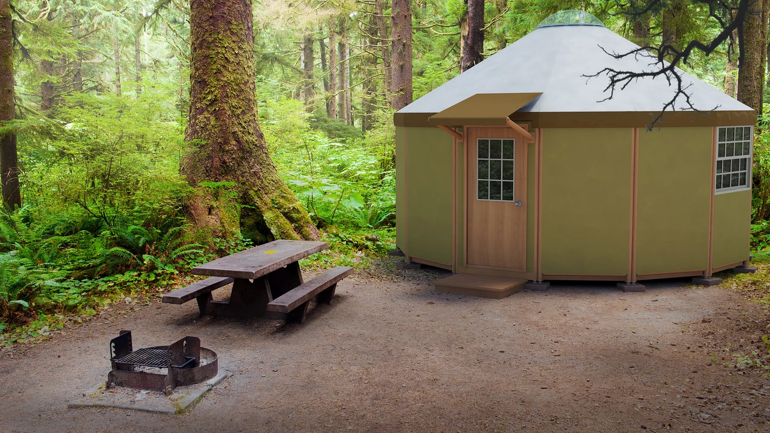 Other notable features of the Freedom Yurt-Cabins include Low-E (energy-efficient) windows, a wooden ceiling with a roof crown topping the structure, and an insulated steel door