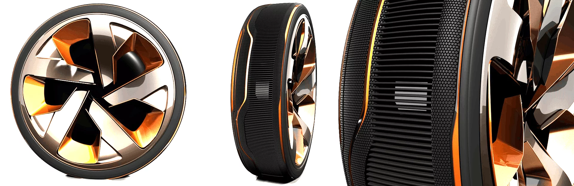 In order to minimize the chances of aquaplaning on wet roads, this concept incorporates a tread that has both solid rubber sections for traction, and open "vented" areas that are spanned by a series of horizontal rubber blades