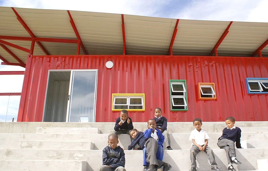 The 39-foot (12-meter) long, 538-sq foot (50-sq m) container is living a second life as a classroom for 5-6-year old pupils at the Vissershok School, Cape Town, South Africa