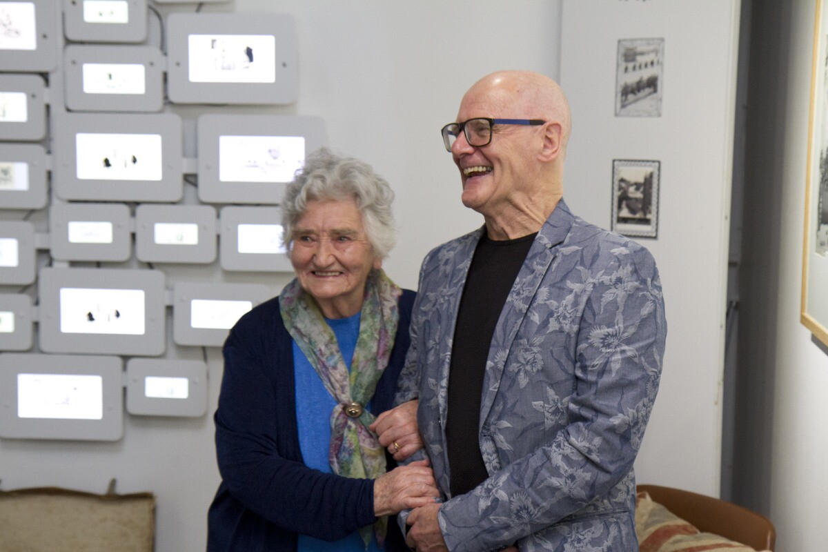 Irene Dixon with Peter Higginson in the W. Heath Robinson exhibition