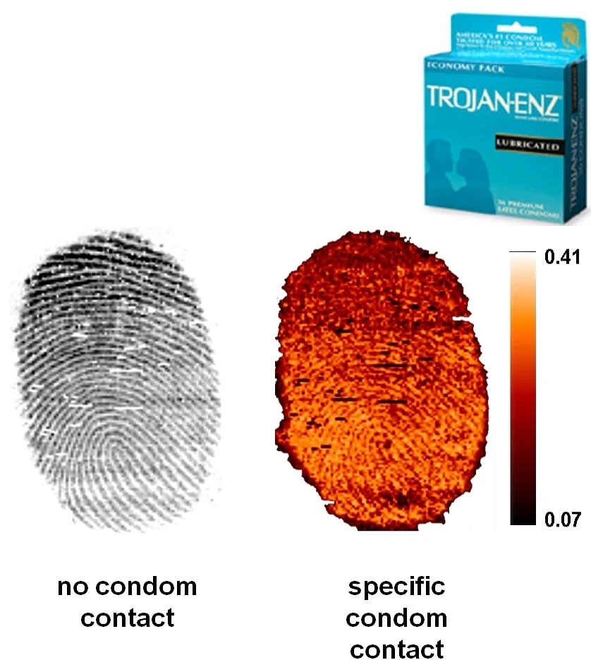 A regular fingerprint (left) and one containing condom lubricant (right) (Image: BMRC)