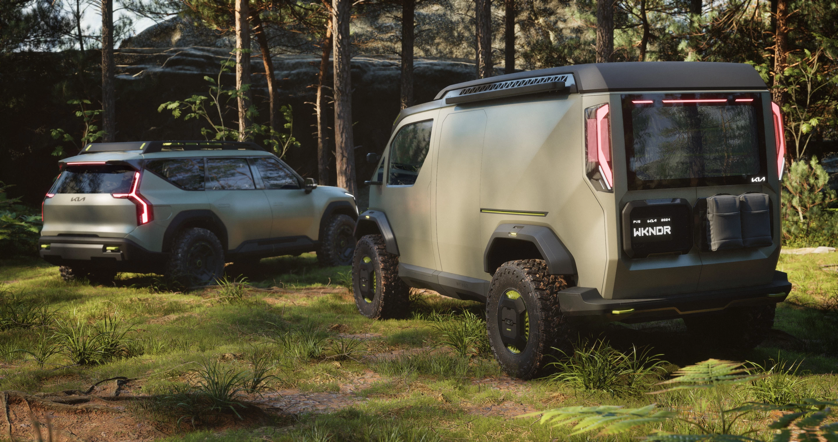 Kia's PV5 WKNDR camper concept (front right) has debuted alongside the upgraded EV9 ADVNTR SUV concept at SEMA 2024