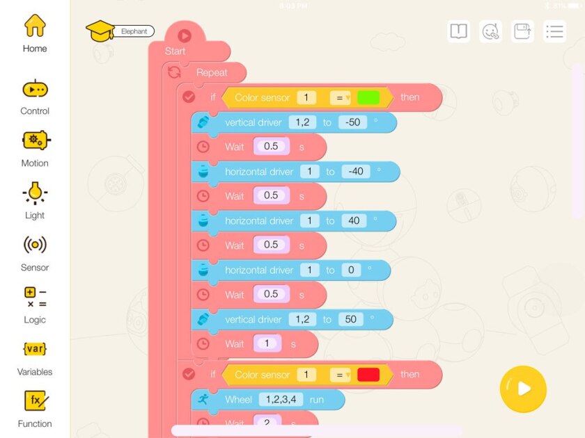 The Mabot IDE app allows for custom programming of a custom Mabot design. The Scratch-like interface is simple to use and can be quickly learned by those familiar with if-then logic trees