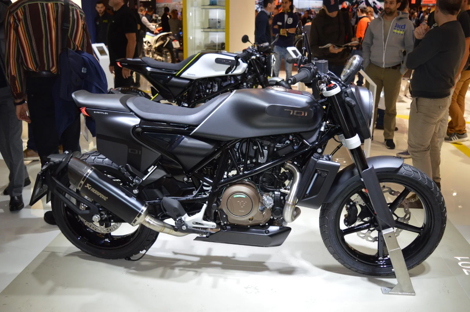 The Husqvarna Svartpilen (foreground) and Vitpilen (background) made their official debut with the big 701 motor at EICMA 2018