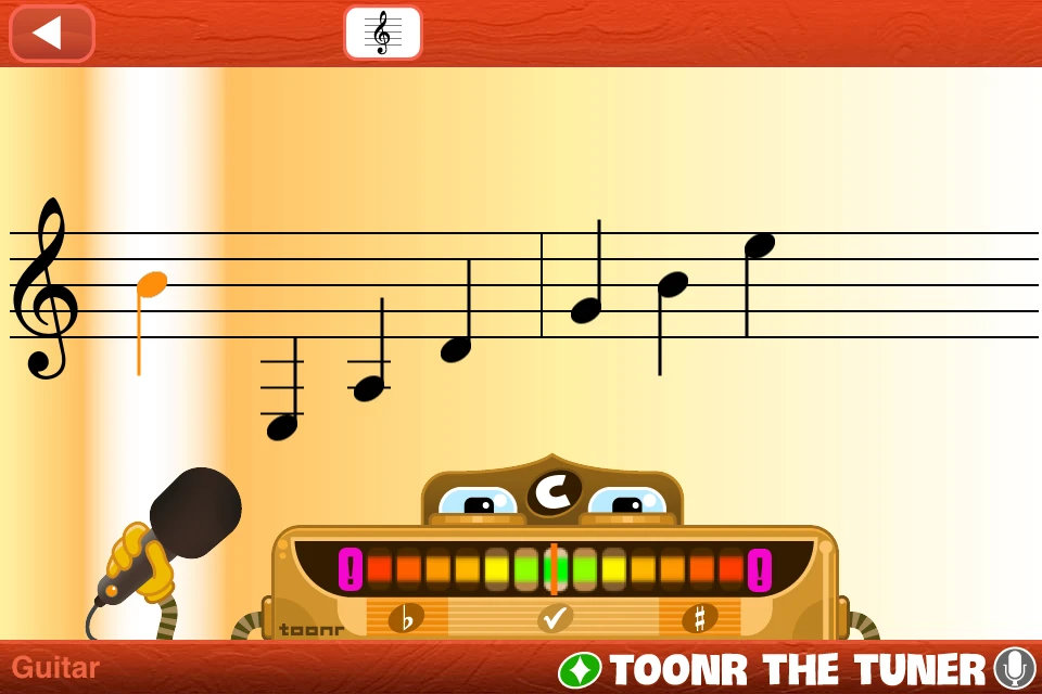 The Toonr built-in tuner - in this case set to tune a guitar