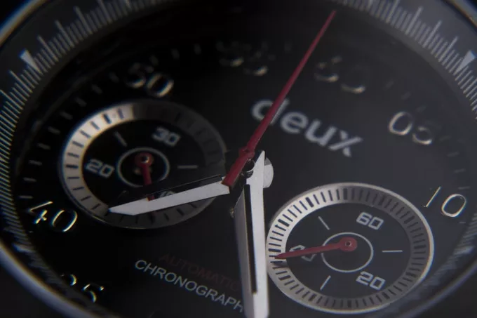 The Deus Collection watch showing chronograph subdials