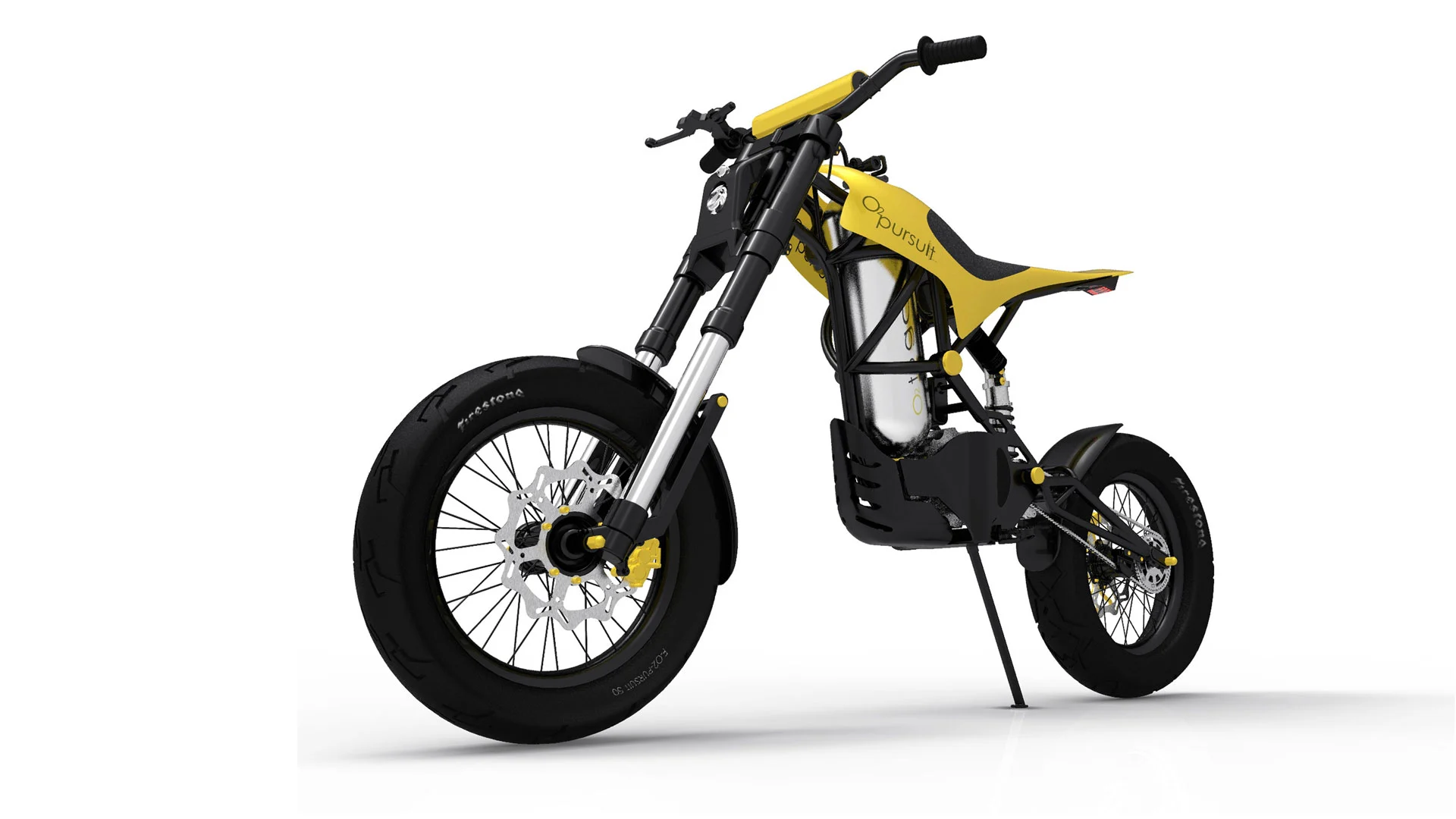 The 02 Pursuit motorcycle is based on the geometry of a current-spec 250 cc motocross bike and uses and the DiPietro air engine as its powerplant