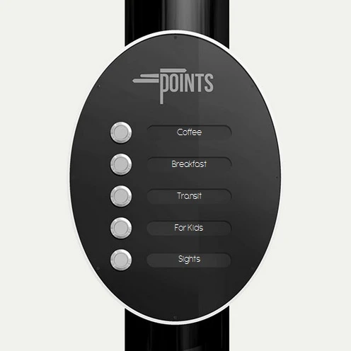 Once a selection is made from the menu near its base, the signs then rotate toward the three nearest places that matches the chosen criteria