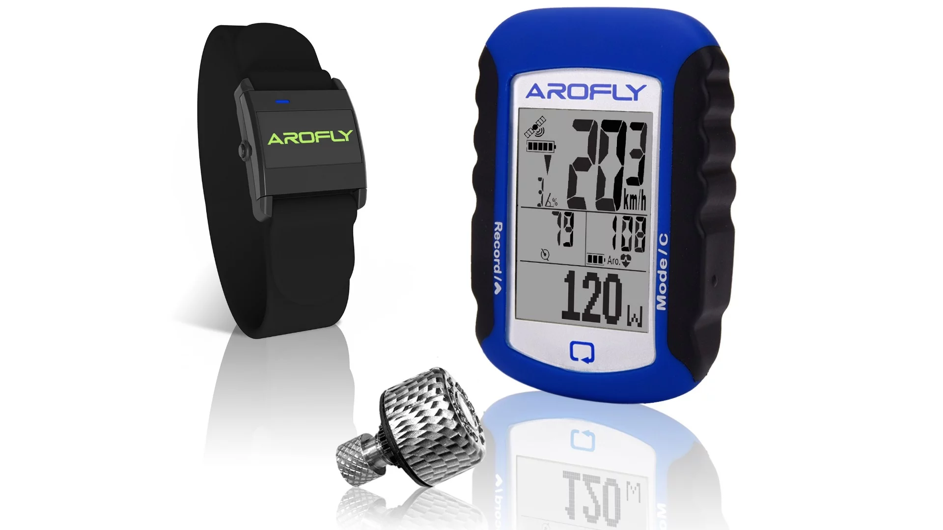 The AroFly (front), along with the A-Pulse heart rate-monitoring wristband and the A-Plus Meter cycling computer
