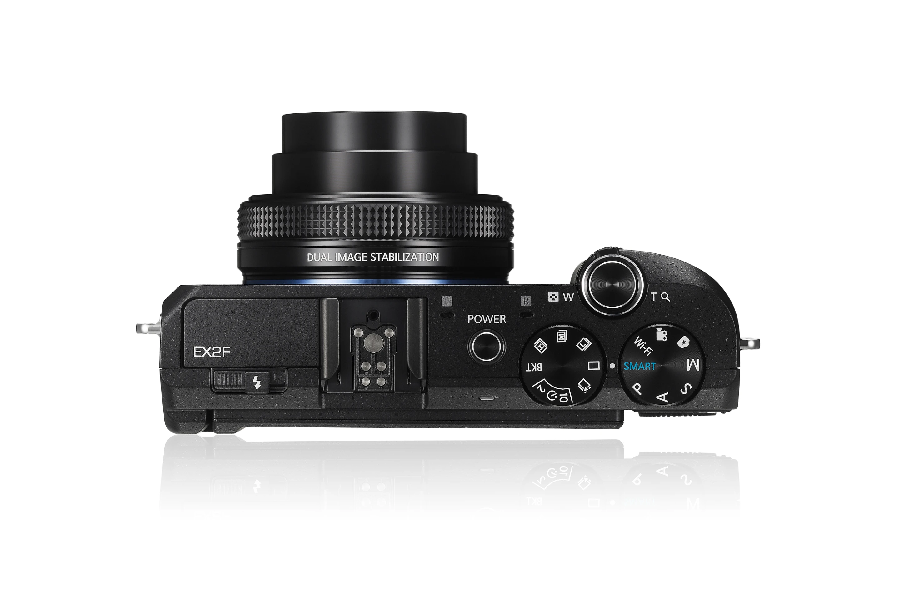 Top view of the new EX2F showing the dual dials, pop up flash and accessory mount