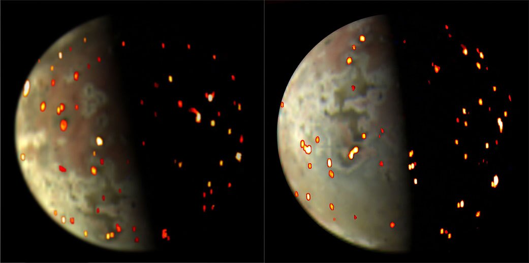 Composite visible and infrared images showing volcanic activity on Io