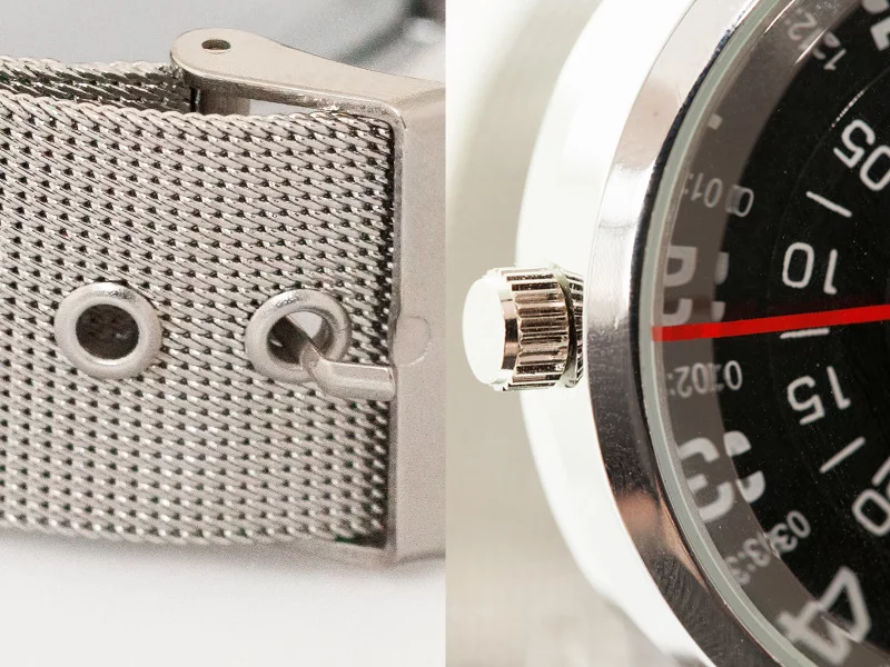 The Visus Watch features a woven steel strap and buckle