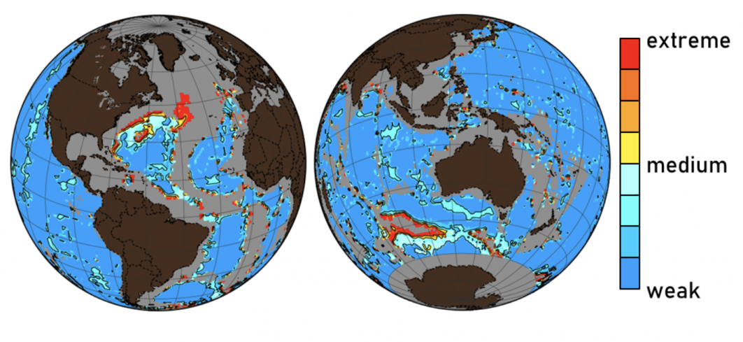 A map of the parts of the ocean that are experiencing the most extreme seafloor dissolution, thanks to carbon dioxide emissions
