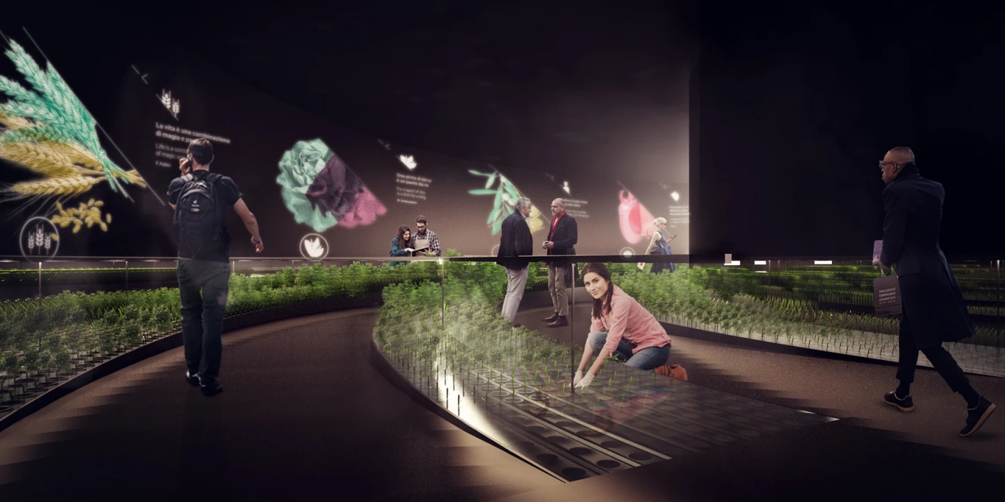The pavilion pairs sustainable agricultural practices with online data collection