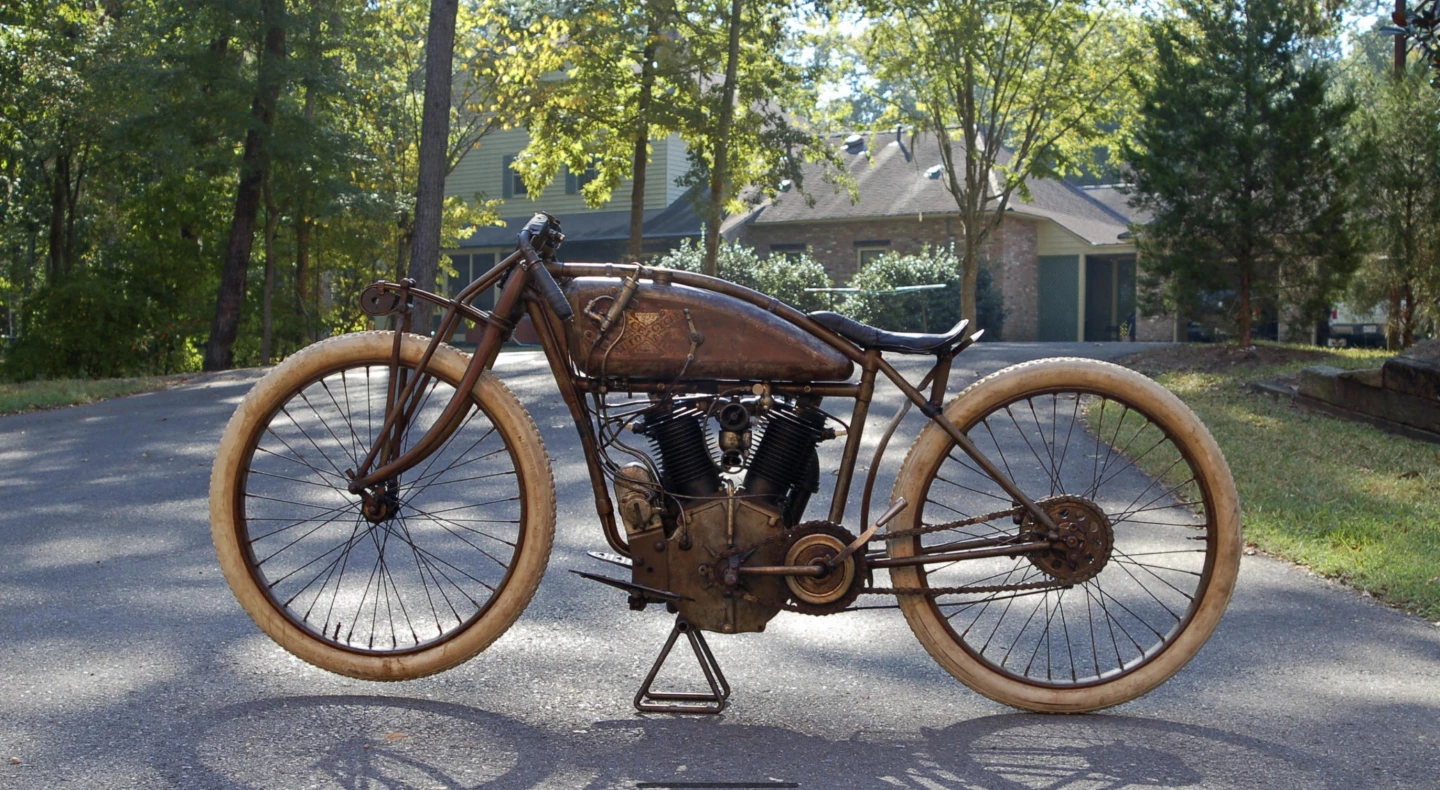 Discovered on rotted wheels in Billings, Montana, this 1916 Excelsior "Big Valve X" Board-Tracker received replacement rims, spokes and wheel bearings. Its clutch was rebuilt, its handlebars rebrazed and several minor missing components sourced or made. So as to not stand out, the few new parts were "patina'ed" to match the weathered finish of the rest of the bike. The 61-cubic-inch (1000cc) engine, running the largest carburettor Schebler ever made, was left untouched and unstarted. It sold for $117,000 at Bonhams' 2011 Las Vegas sale.