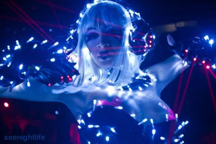 Dressed in an outfit featuring LED lights, 17 individual lasers, and ballerina point shoes, dancer Milena would be right at home on the set of Blade Runner