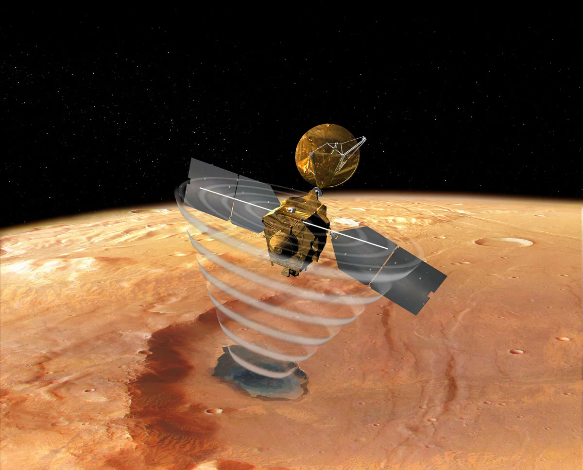 Artist's concept of the Mars Reconnaissance Orbiter using its Shallow Radar (SHARAD) (Image: NASA/JPL)