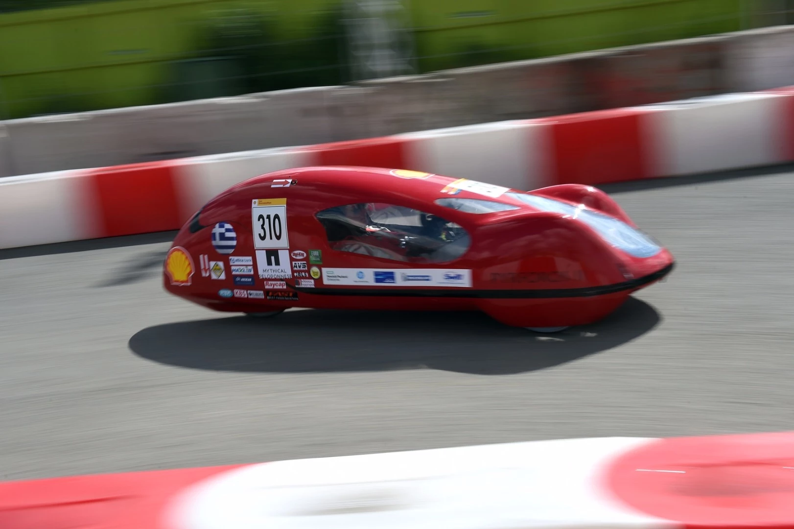 The Pyrforos, a battery electric prototype racing for team Prometheus from National Technical University Of Athens, Athens, Greece, seen on the track during Make the Future London 2016