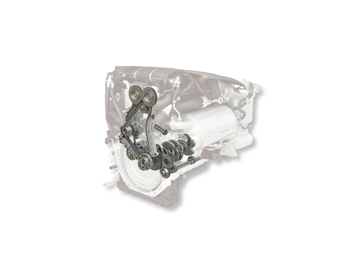 This cutaway shows the compact nature of the engine's design, which begins with the crankshaft and timing mechanisms.