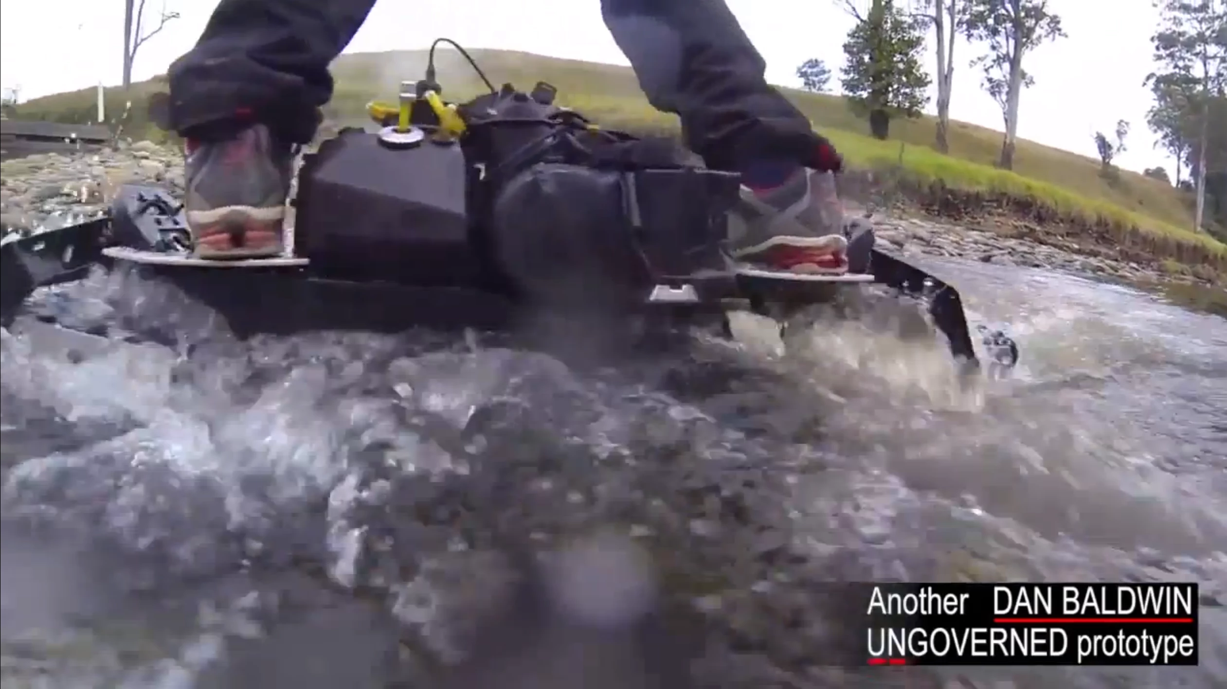 The Ungoverned powerboard crosses a stream