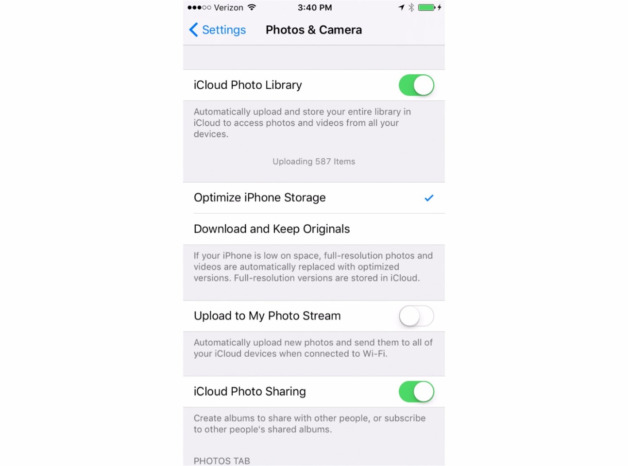 Settings > Photos & Camera (with iCloud Photo Library turned on)