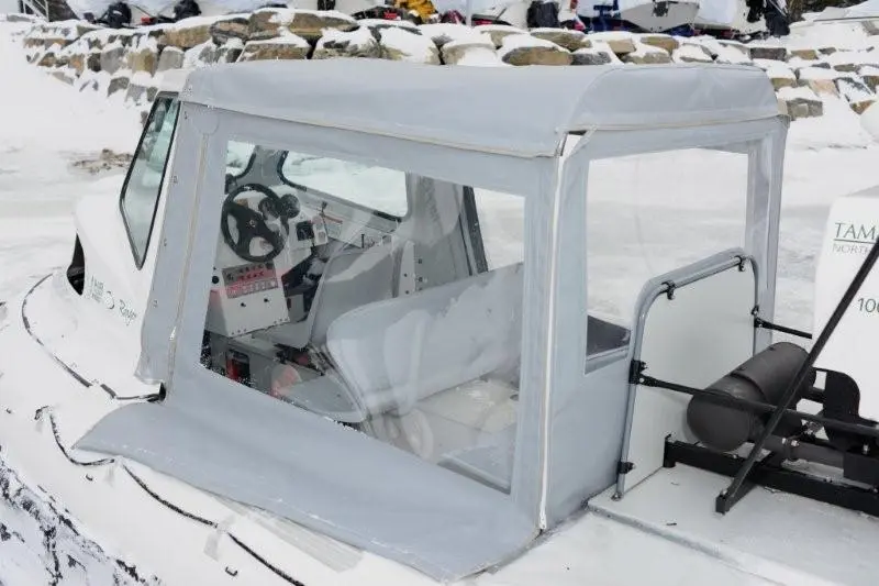 AirRider hovercraft with weather canopy with canvas elements erected