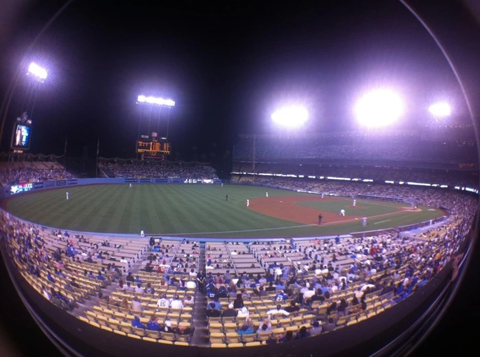 A photo of a baseball stadium with the wide-angle lens