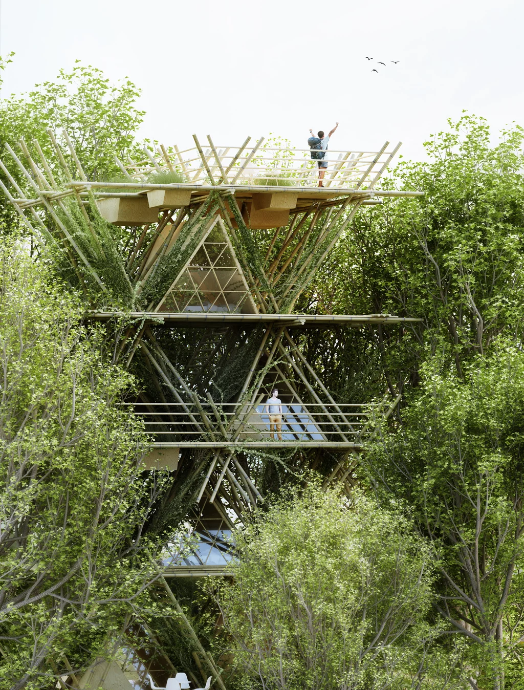 The treehouse comprises interconnecting grids measuring 4.7 x 4 m (15.4 x 13 ft), which are made from sticks of bamboo tied together with rope (Image: Penda)