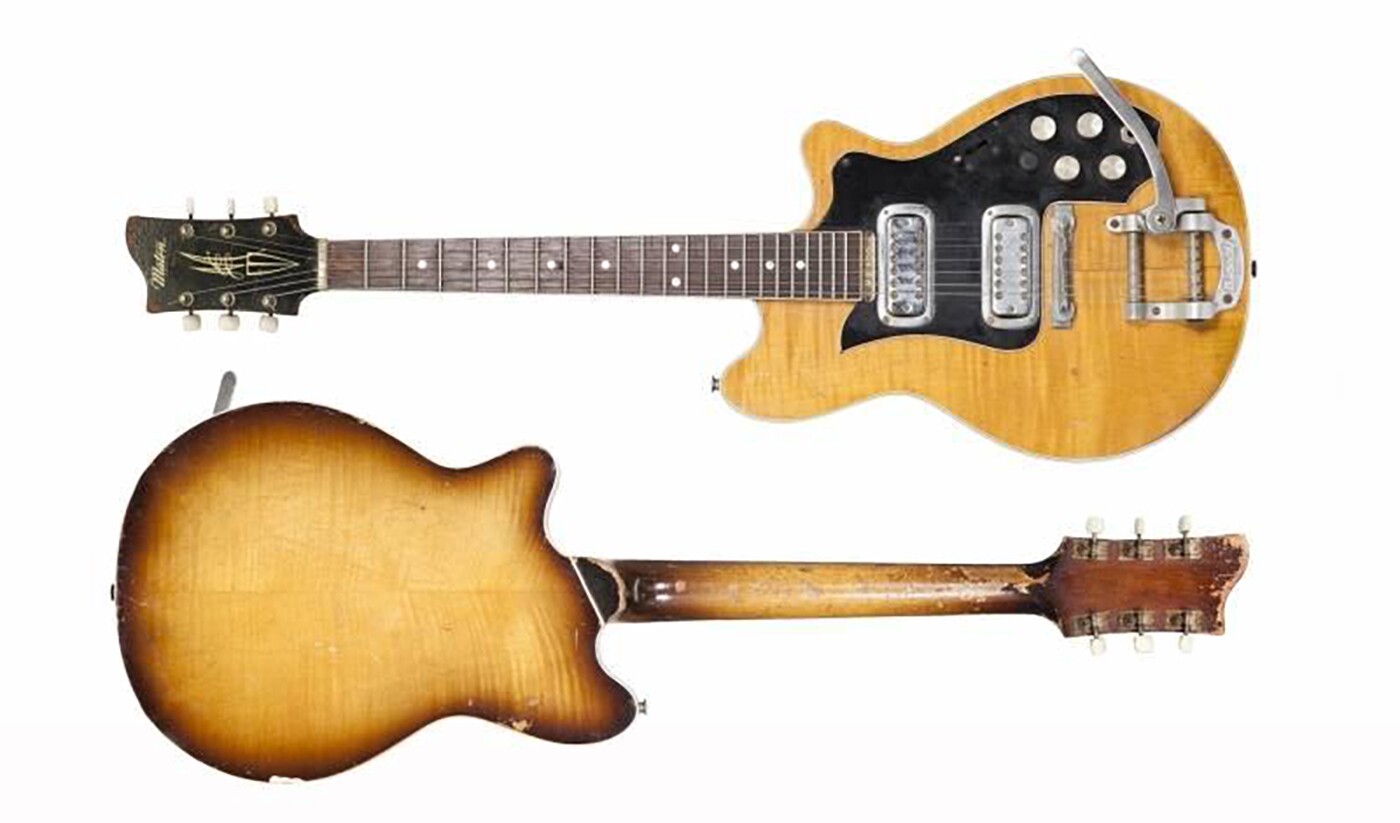 This 1963 Maton Mastersound MS500 was played by George Harrison during the summer of 1963 while his Gretsch Country Gentleman was being repaired. It was borrowed from Barratts Music Store in Manchester England. It sold for $485,000 at a Juliens auction on 15 May, 2015