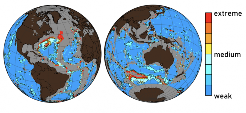 A map of the parts of the ocean that are experiencing the most extreme seafloor dissolution, thanks to carbon dioxide emissions