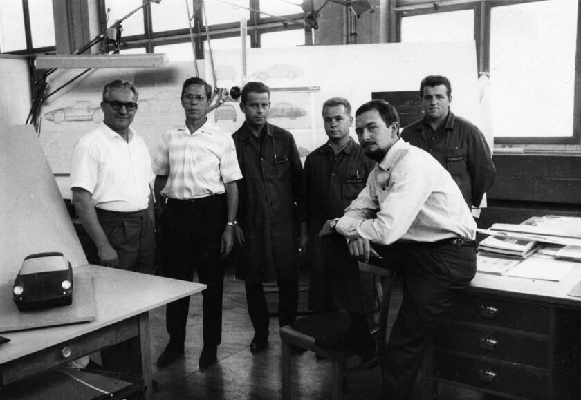 Heinrich Klie, Hans Ploch, Hans Springmann, Ernst Bolt und F.A. Porsche at the "Designstudio", 1963