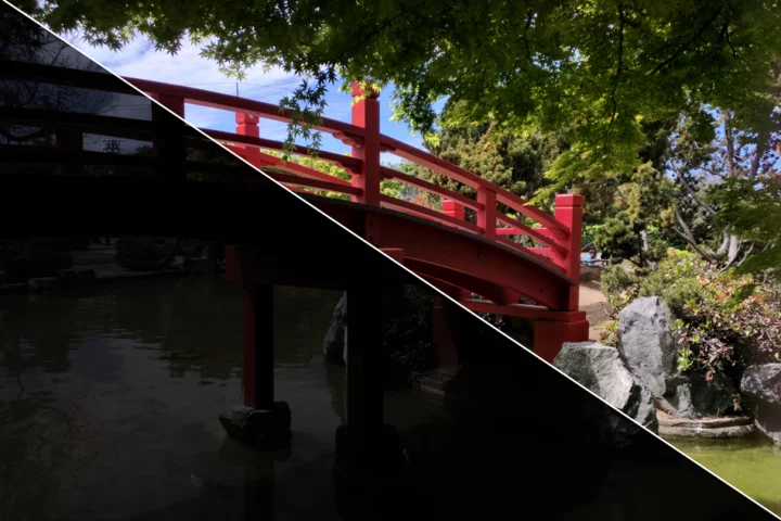 Before (bottom left) and after (top right) showing how the instant retouching algorithm can automatically adjust photos in real time through a viewfinder