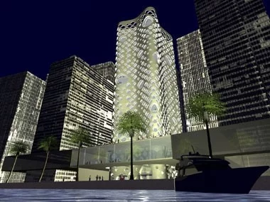 Dubai's innovative O-14 office tower has a perforated concrete shell which acts as its structure and facade: over 1,000 holes in the shell provide light, shade, air and views and assist passive solar technology