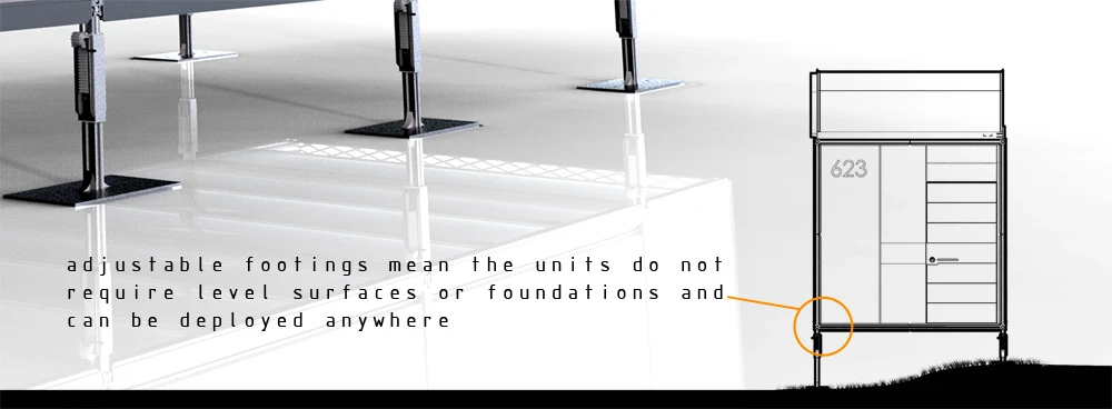 Four individual leg jacks which sit underneath the base of the structure are fully adjustable