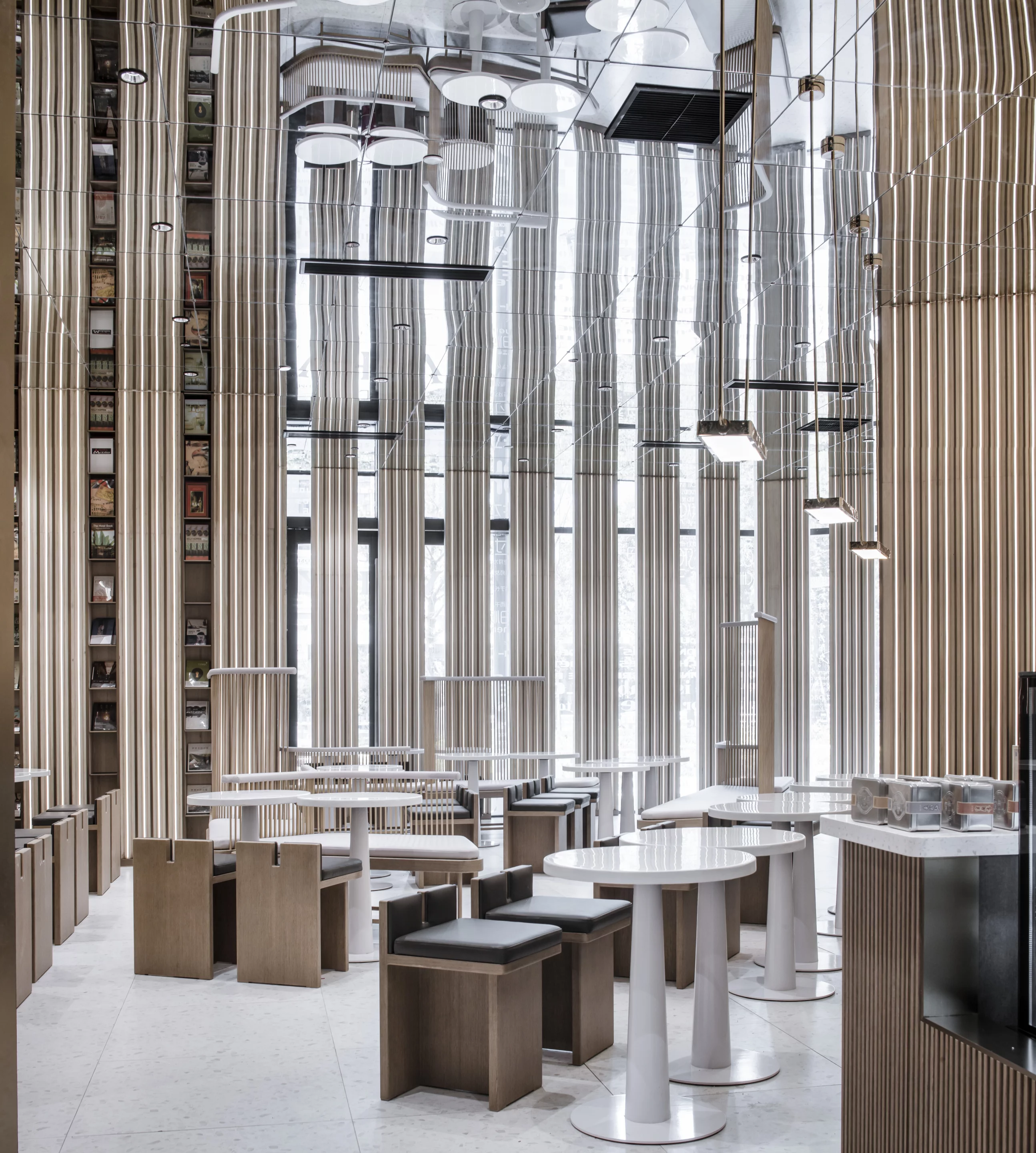 The view across a seating area inside the Zhongshuge bookstore in Ningbo, China
