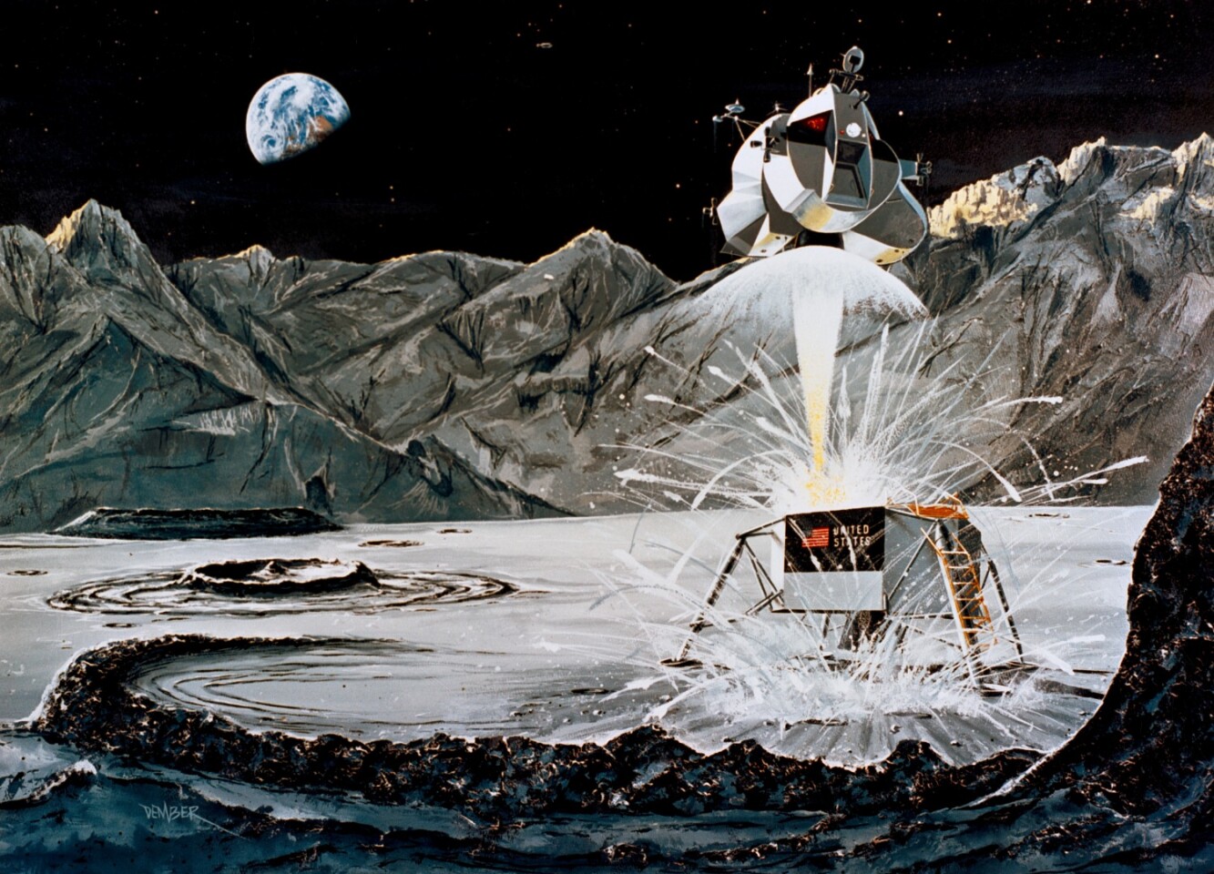 Artist's concept of Apollo 11 lifting off from the Moon