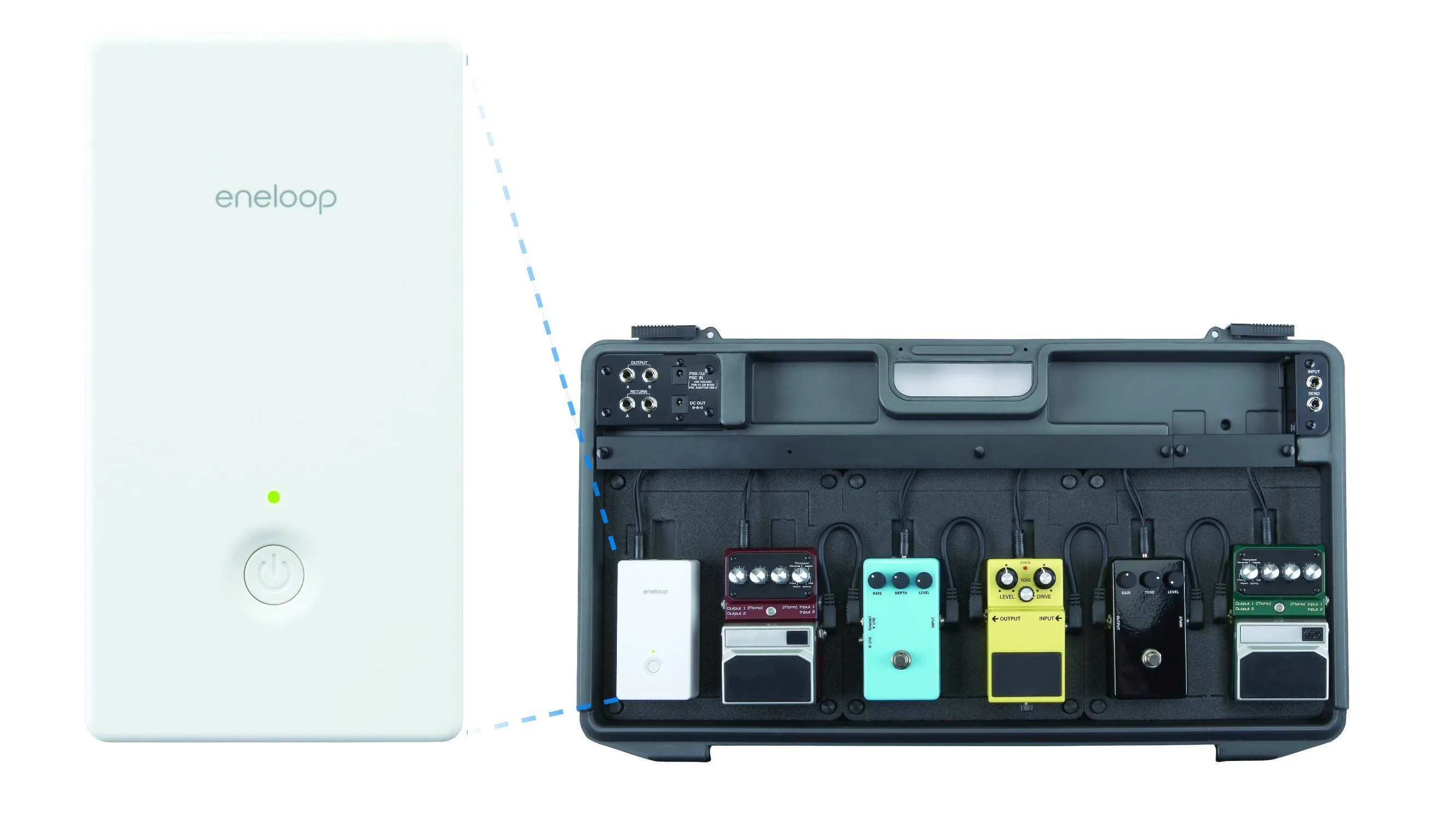 Sanyo's new Pedal Juice rechargeable power supply removes the need for a gig bag full of 9V batteries and also takes care of annoying hum caused by some AC outlets