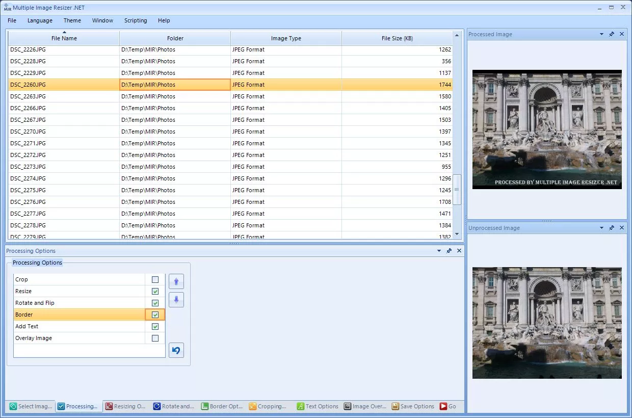 A view of the image processing options