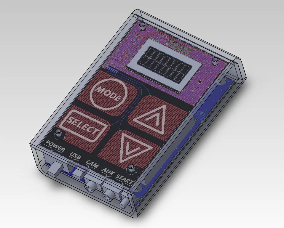 This early rendering shows the TriggerTrap with touch-sensitive buttons and an LCD display, and is not too far from what the final prototype ended up looking like