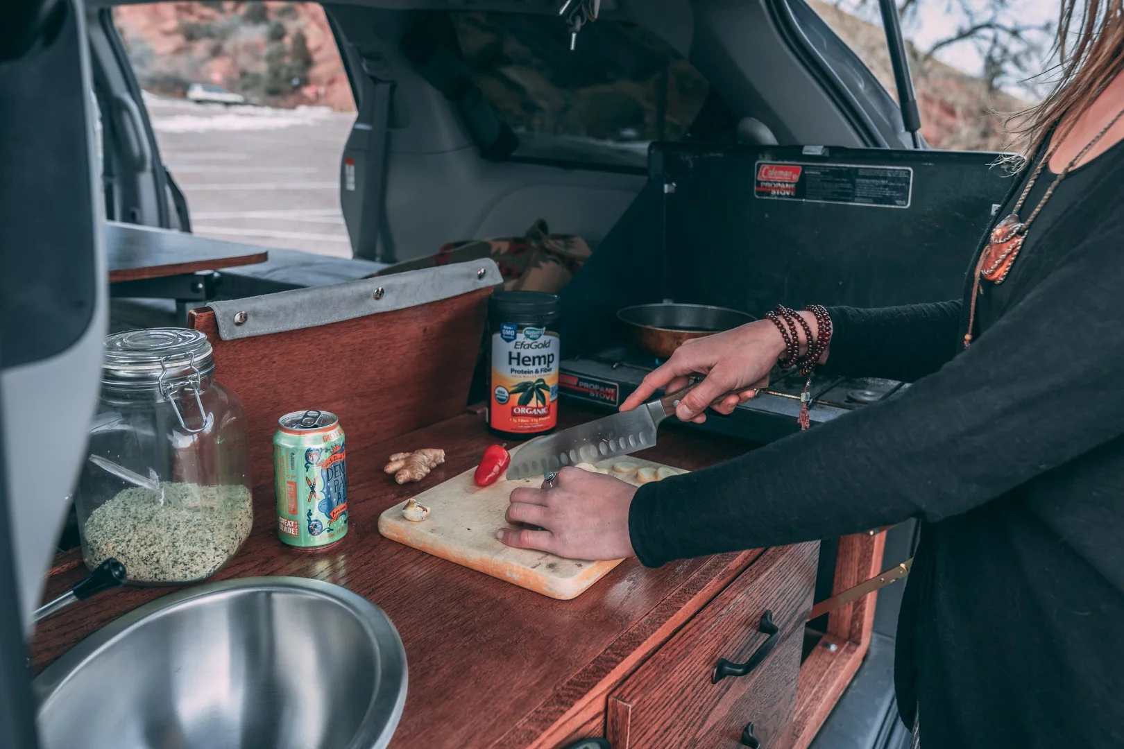 Preparing dinner with the Oasis camper van