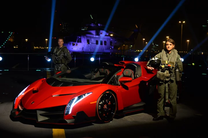 The Lamborghini Veneno Roadster makes its public debut aboard the Nave Cavour
