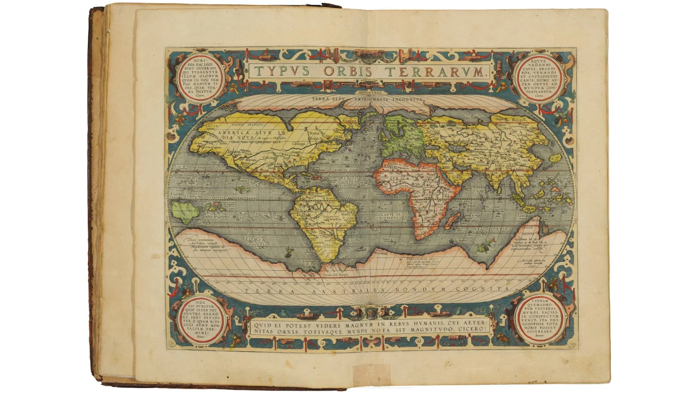 Theatrum orbis terrarum by Abraham Ortelius (1595) | Auction Description | Estimate: 63,300 - 101,280 | Auction Date: July 10, 2019