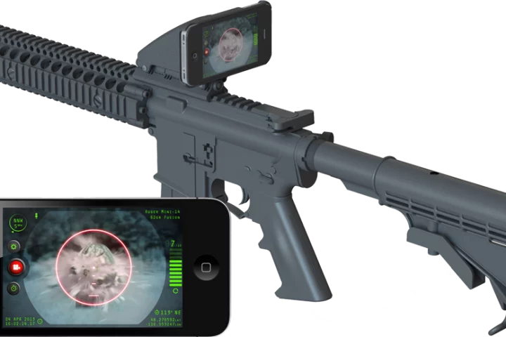 The Inteliscope Tactical Rifle Adapter and app allows gun owners to mount their iPhone or iPod Touch to a firearm and use it as a sight with a heads-up display